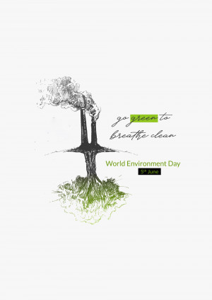Illustration of a tree formed by factory smokestacks with the text 'Go Green to Breathe Clean' and 'World Environment Day'