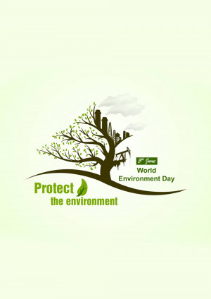 Illustration of a tree forming a cityscape with the text 'Protect the Environment' and 'World Environment Day'