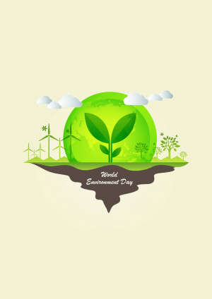 Illustration depicting a green Earth with a leaf, wind turbines, trees, and clouds for World Environment Day.