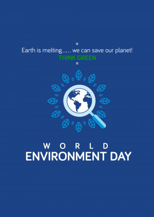 World Environment Day poster with a melting Earth and a magnifying glass.