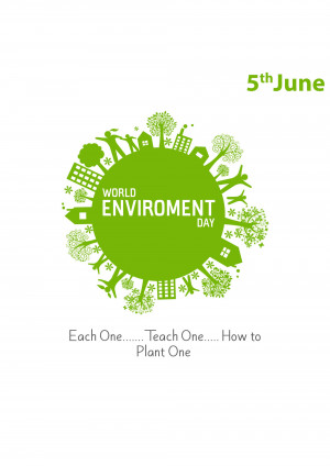 World Environment Day graphic with green leaves and buildings