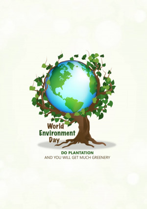 Illustration of the Earth encompassed by tree branches and leaves with text 'World Environment Day - Do Plantation'