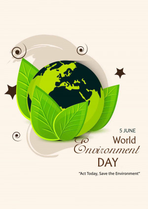 Illustration of the Earth embraced by green leaves with World Environment Day text.