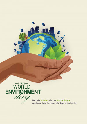 Illustration of a hand holding the Earth with plants and city skyline, promoting World Environment Day.