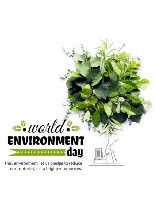 A flat lay of green leaves with the text 'World Environment Day' and an illustration of a factory with smoke.