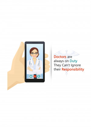 Illustration of a hand holding a smartphone displaying a doctor during a video call.
