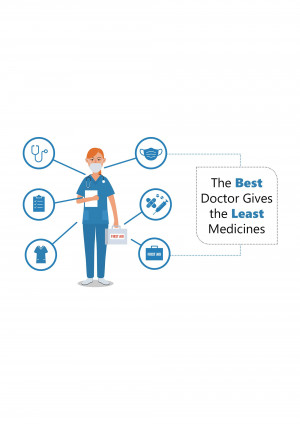 Illustration of a doctor with icons representing medical supplies and care.