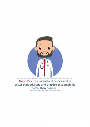 Illustration of a doctor with a stethoscope and a quote about responsibility.