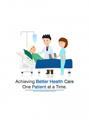 Illustration of a doctor and nurse attending to a patient in a hospital bed.