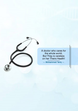 Stethoscope on a light blue background with a quote about healthcare