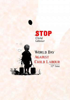 Silhouette of a child carrying bags with the text 'Stop Child Labour' and 'World Day Against Child Labour'