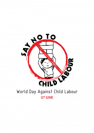 Illustration of a hand stopping a stack of books with the text 'Say No To Child Labour' and 'World Day Against Child Labour'