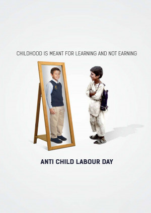 Image depicting a boy looking at his reflection, highlighting the importance of education over child labor.