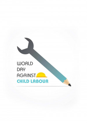 Illustration of a wrench shaped like a pencil with the text 'World Day Against Child Labour'