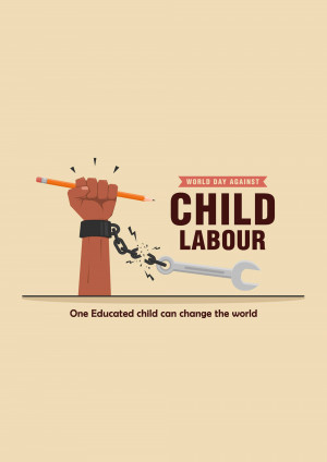 Illustration of a fist holding a pencil breaking chains, symbolizing freedom from child labor.
