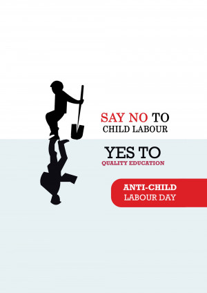 Silhouette of a child working with a shovel, advocating against child labour and for education.