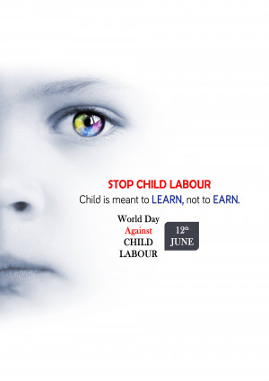 Close-up of a child's eye with rainbow iris and text promoting the end of child labour.