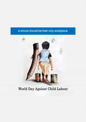 Illustration of a child carrying buckets shaped like paint cans, with a pencil as a back support, symbolizing child labor and the importance of education.
