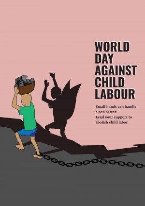 Illustration depicting a child carrying a heavy load while an angel watches over, symbolizing the fight against child labor.