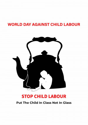 Silhouette of a person inside a kettle with text 'World Day Against Child Labour' and 'Stop Child Labour'