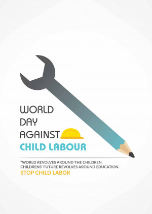 Illustration of a wrench shaped like a pencil with a hard hat, promoting World Day Against Child Labour.
