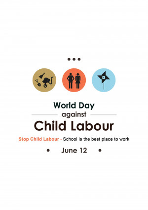 Poster for World Day Against Child Labour with icons representing child labor issues.