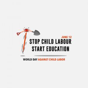 Image depicting a shovel and pickaxe forming a pencil, with the text 'Stop Child Labour, Start Education' and 'World Day Against Child Labour'