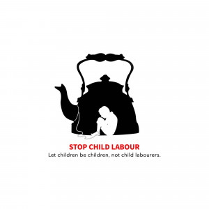 Silhouette of a kettle with a child inside, promoting the end of child labour.