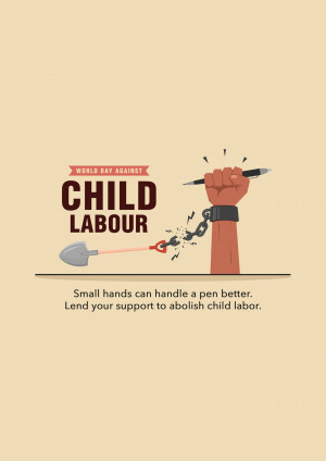 Illustration depicting a hand breaking chains with a pen, symbolizing education over child labor.