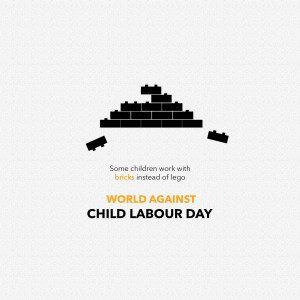 Illustration of a brick structure resembling building blocks with text advocating against child labour.