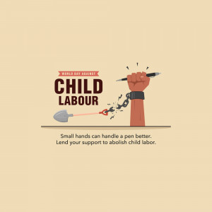 Illustration depicting a hand breaking chains with a pen, symbolizing freedom from child labor.