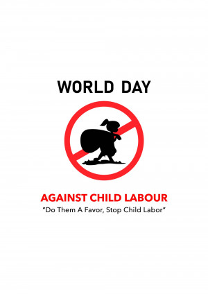 Red prohibition sign with a silhouette of a child carrying a bag, promoting awareness against child labor.