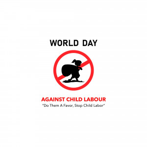 World Day Against Child Labour awareness poster with a silhouette of a child carrying a bag inside a 'no' symbol.