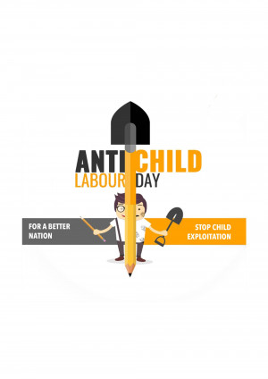 Illustration depicting a message against child labor with a boy and pencil imagery.