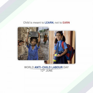 Image depicting the contrast between a child working and a child attending school, promoting World Anti-Child Labour Day.