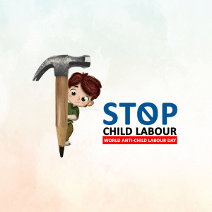Illustration depicting a child holding a pencil with a hammer on top, promoting the end of child labour.