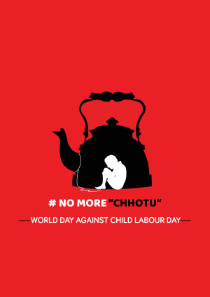 Silhouette of a child inside a kettle against a red background with the text '#NO MORE "CHHOTU" - WORLD DAY AGAINST CHILD LABOUR DAY'