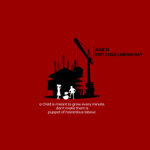 Silhouette of children and construction site against a red background promoting Anti Child Labour Day.