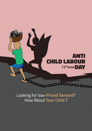Illustration depicting the struggle against child labor with a silhouette of a child carrying a heavy load and a shadow representing freedom.
