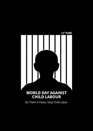 Silhouette of a child's head against a striped background with text 'World Day Against Child Labour'