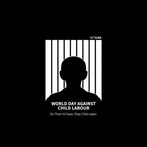 Silhouette of a person behind bars with text 'World Day Against Child Labour'
