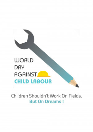 Illustration of a wrench shaped like a pencil with text promoting the World Day Against Child Labour.