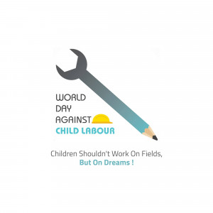 Illustration of a wrench and pencil combined with text promoting the end of child labor.