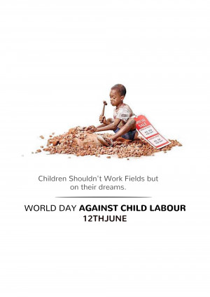 A young boy sitting on a pile of bricks, symbolizing child labor, with a message advocating for children to pursue their dreams.