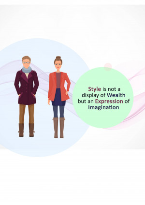 Illustration of a man and woman in stylish outfits with a quote about style and imagination.