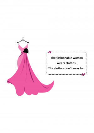 Illustration of a pink gown hanging on a hanger with a quote about fashion.