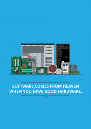 Flat lay illustration of computer hardware components with a quote.