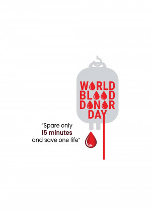 Illustration of a blood bag with the text 'World Blood Donor Day' and a call to action to donate blood.