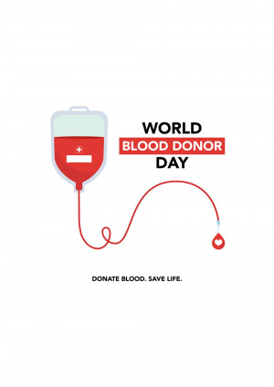 Illustration of a blood bag with the text 'World Blood Donor Day' and 'Donate Blood. Save Life.'