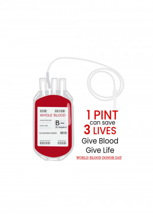 Illustration of a blood bag with text promoting blood donation.